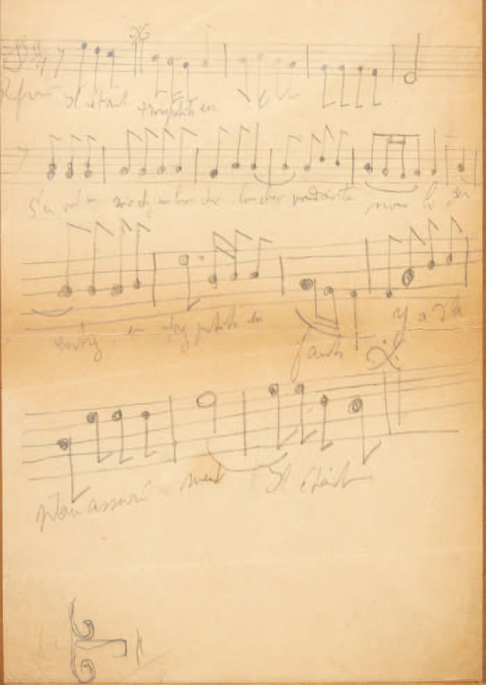 Alfred Jarry. 有三个小家伙在...无地点或日期[1895]。
用石墨写的亲笔手稿，4页中的一页[225 x 165 mm]，在玻璃下，现代金木框架&hellip;