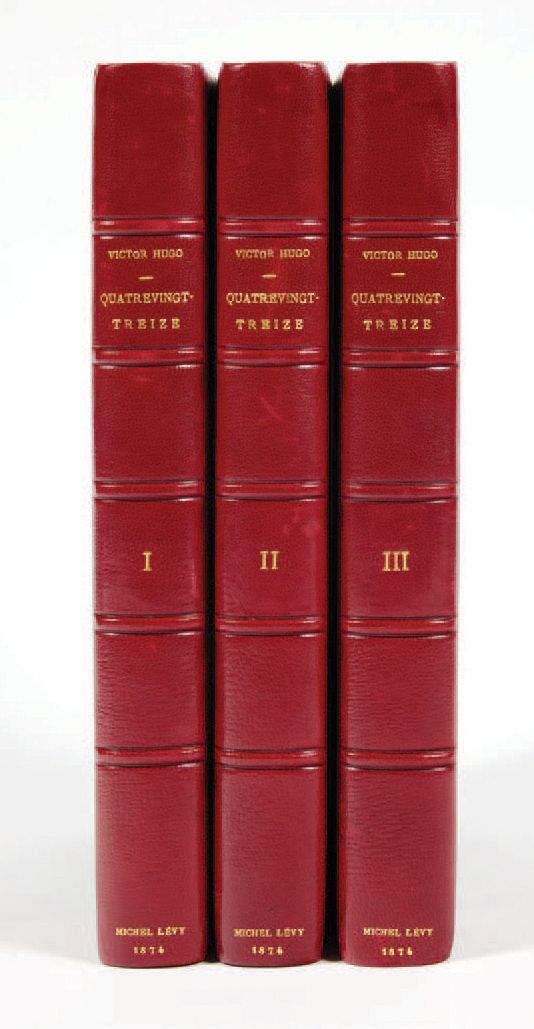 VICTOR HUGO. Quatrevingt-treize.巴黎，Michel Lévy frères，1874年。
3卷大8开本的(2)f. 313页和(&hellip;