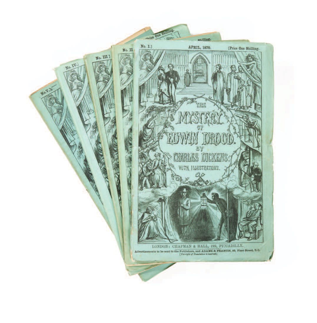 Charles DICKENS. 埃德温-德罗德之谜》。有插图。伦敦，Chapman & Hall，1870年4月-1870年9月。
6期，8开本，平装，蓝绿色&hellip;