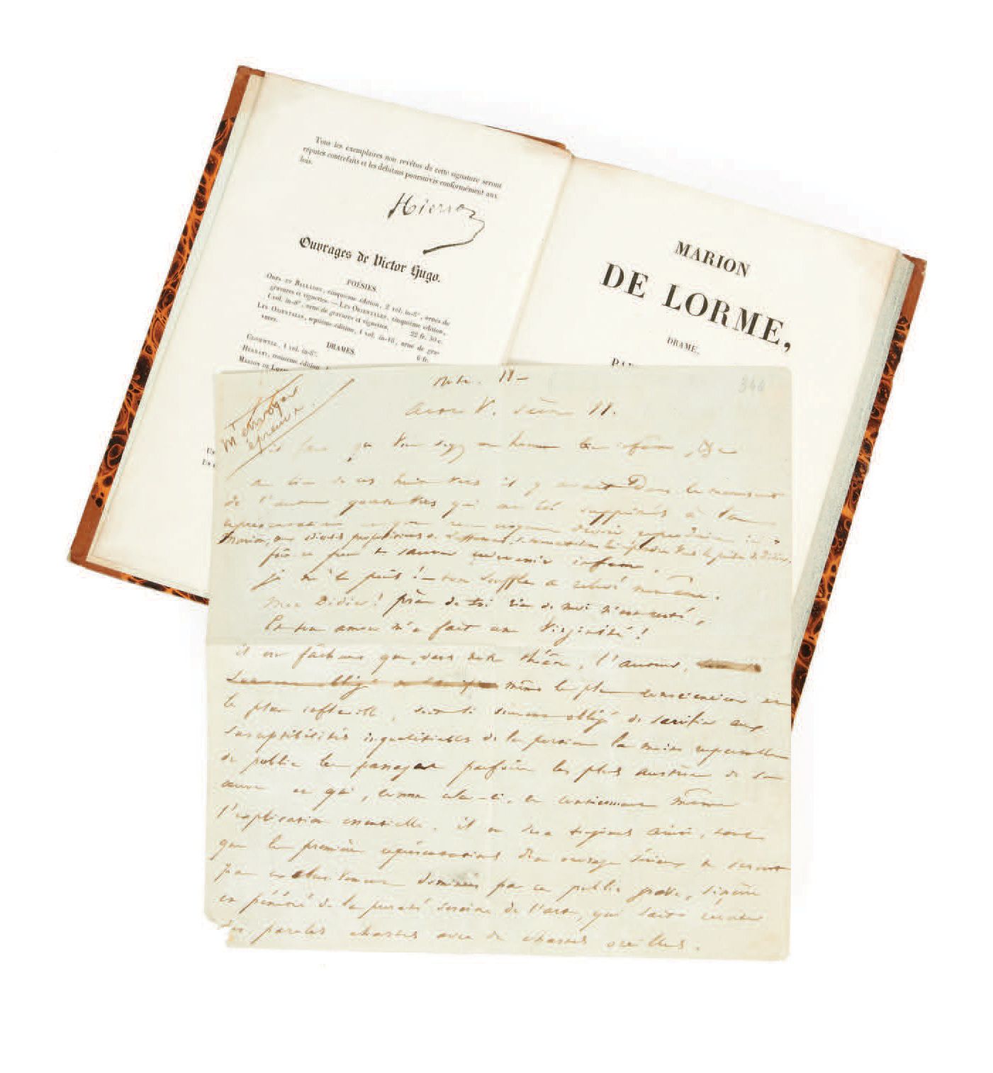 VICTOR HUGO. 玛丽安-德-洛姆，戏剧。巴黎，Eugène Renduel，1831年。
In-8，黄褐色半皮，带角，书脊上有假神经装饰，边缘有斑点（&hellip;