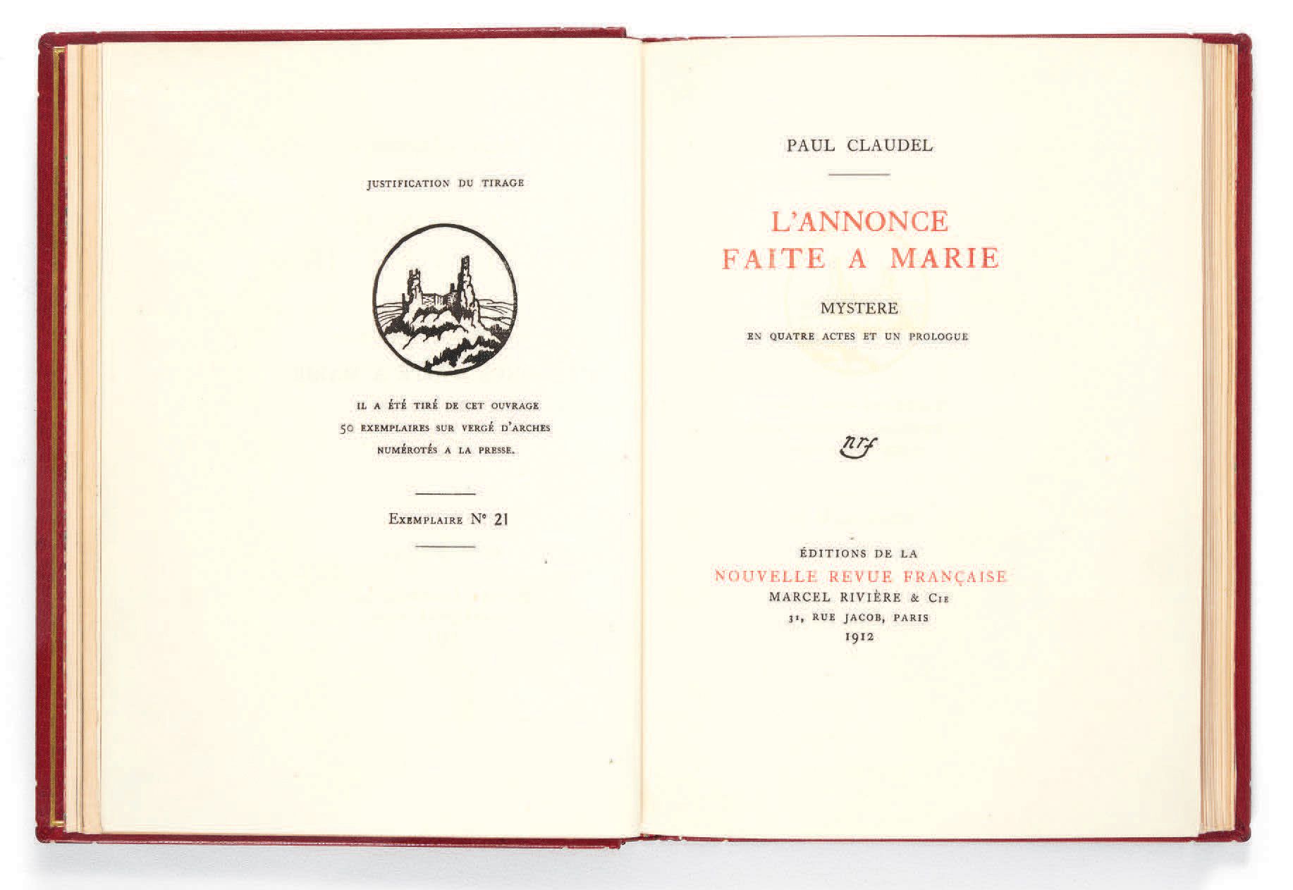 CLAUDEL, Paul. 对玛丽的公告。分为四幕和一个序幕的神秘故事。巴黎，Éditions de la Nouvelle
Revue Française,&hellip;