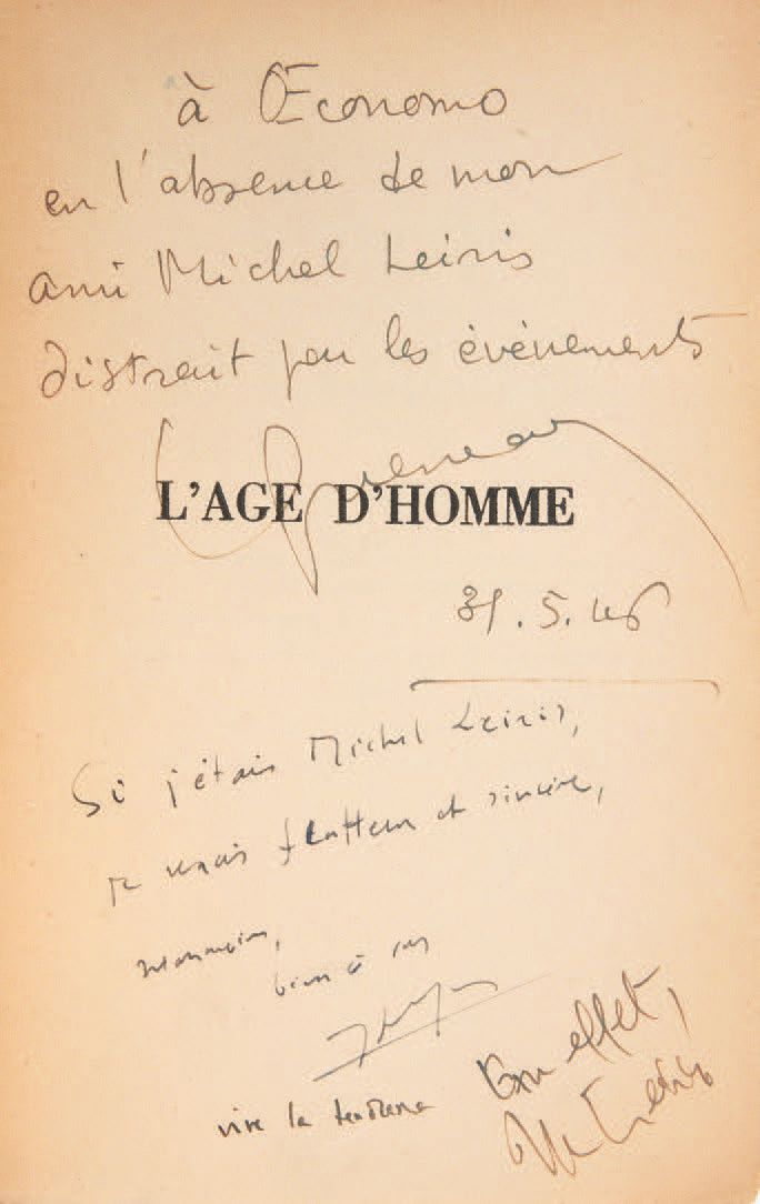 LEIRIS, Michel. L'Âge d'homme.巴黎，Gallimard，1939年。
In-12 [187 x 120] of 178 pp, (&hellip;