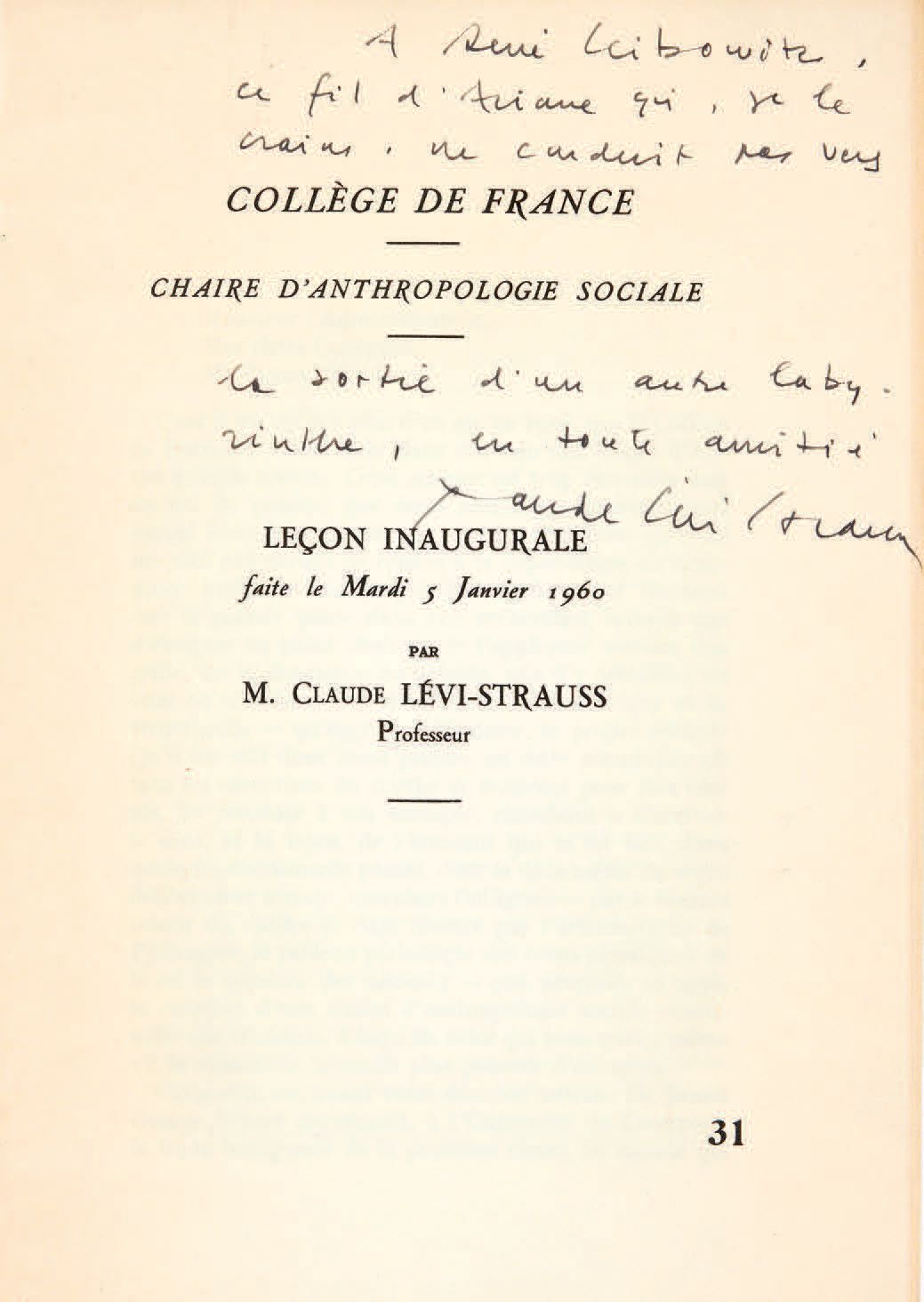 LÉVI-STRAUSS, Claude. 法兰西学院。社会人类学主席。1960年1月5日星期二的就职演讲，
。[巴黎，法兰西学院，1960]。
In-8 [2&hellip;