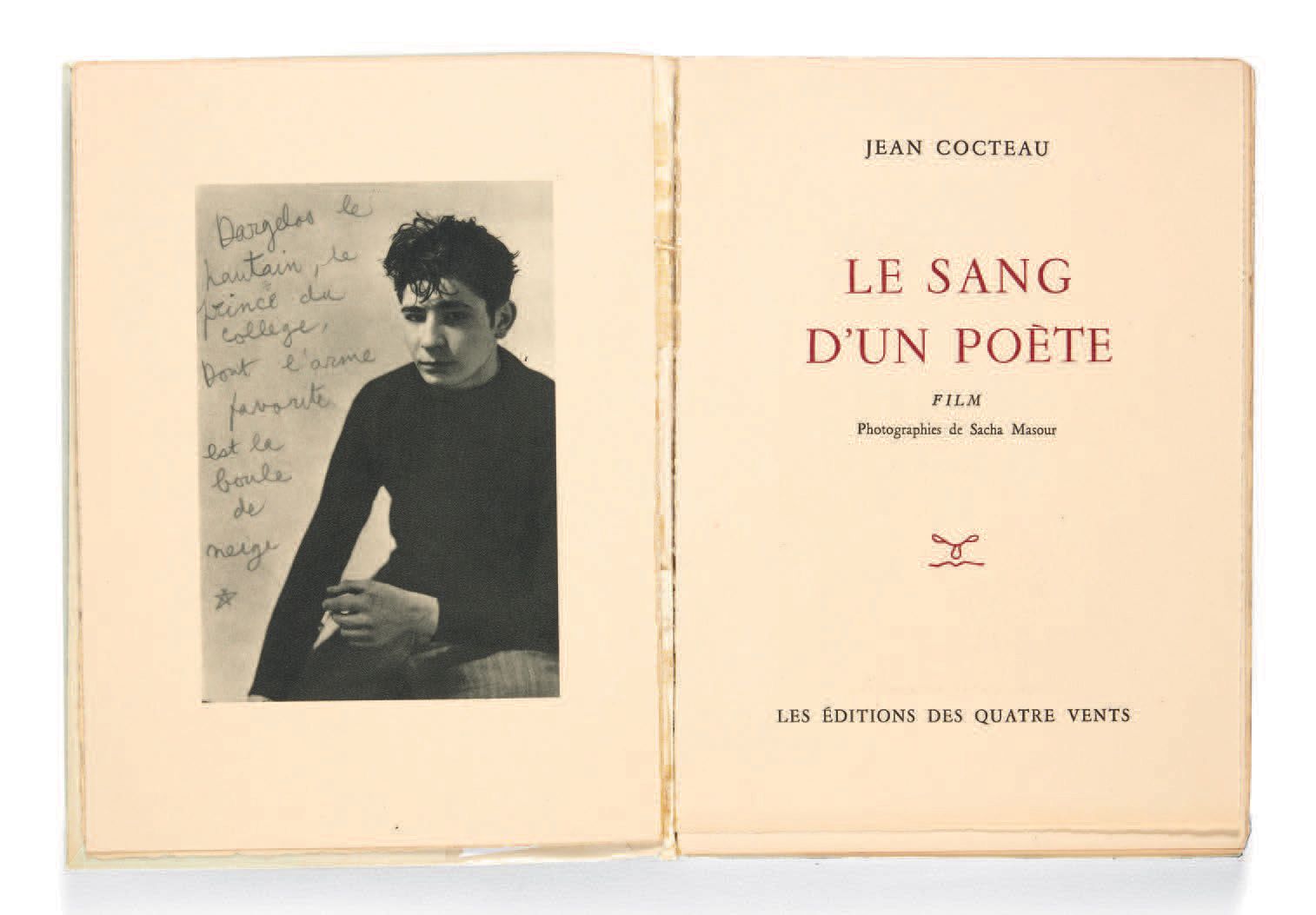 COCTEAU, Jean. 一个诗人的血。电影。照片由萨沙-马苏尔拍摄。巴黎，Éditions des Quatre vents, [1947].
8开本[2&hellip;