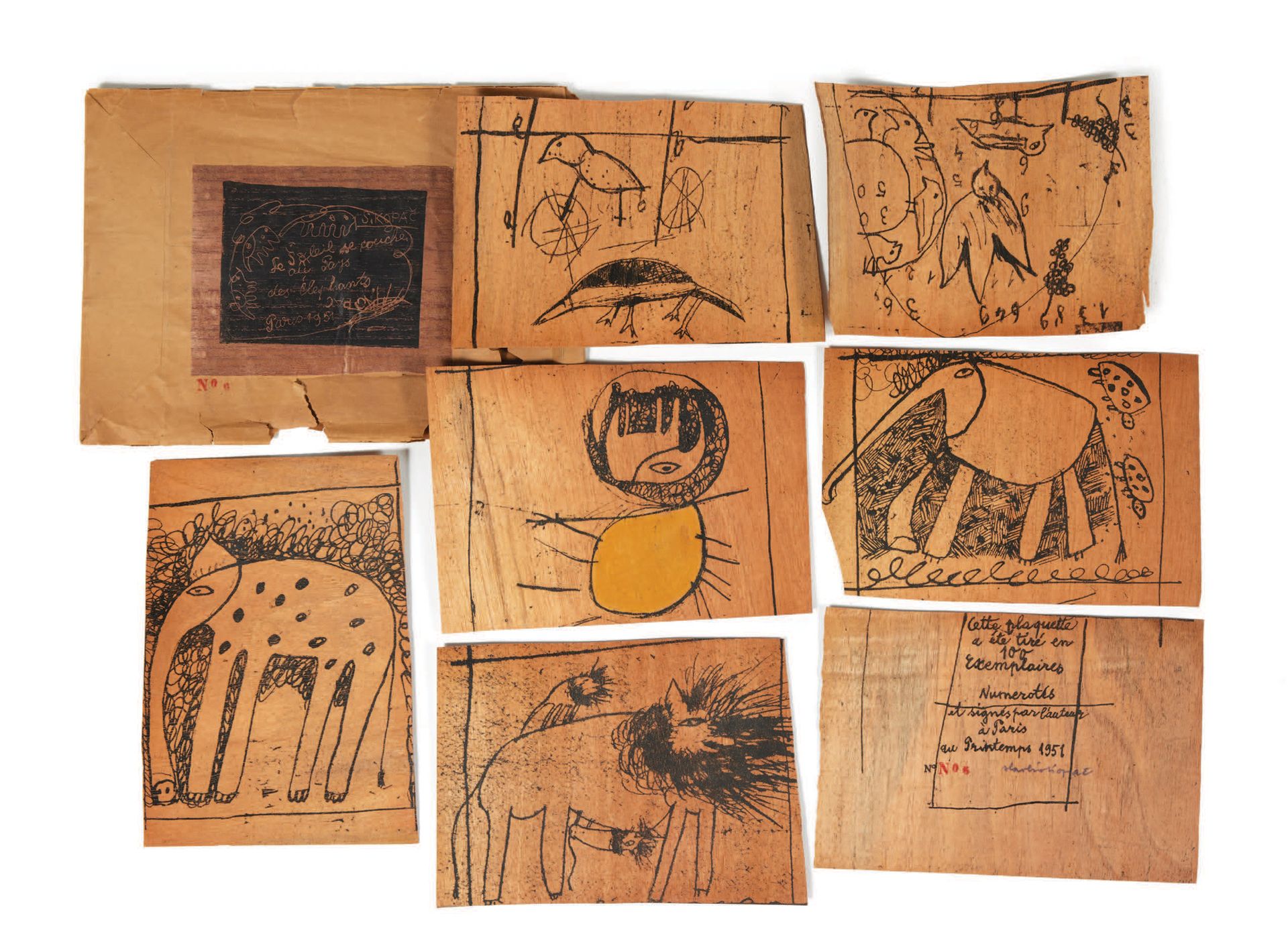 Slavko KOPAK. Soleil se couche au pays des éléphants.巴黎，1951年。
套装6幅印在木叶上的版画，牛皮纸文&hellip;