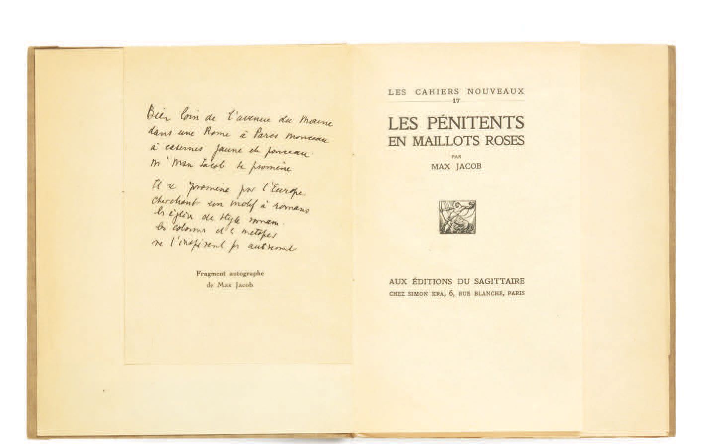 Max JACOB. 穿着玫瑰花的囚犯。巴黎，Éditions du Sagittaire, Simon Kra, 1925。
In-12 square, 平装&hellip;