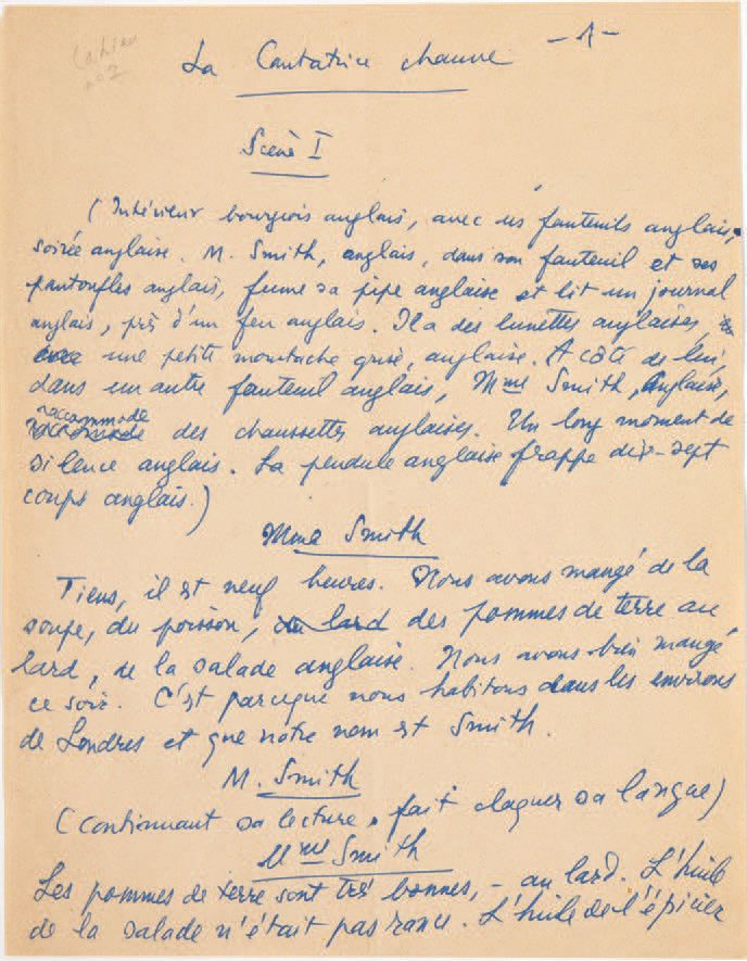 Eugène IONESCO. 秃顶的康塔特里斯》。场景一。无日期[约1950-1952]。
亲笔手稿。2页4开，编号为1和2。
罕见的尤涅斯科杰作的第一行手稿&hellip;