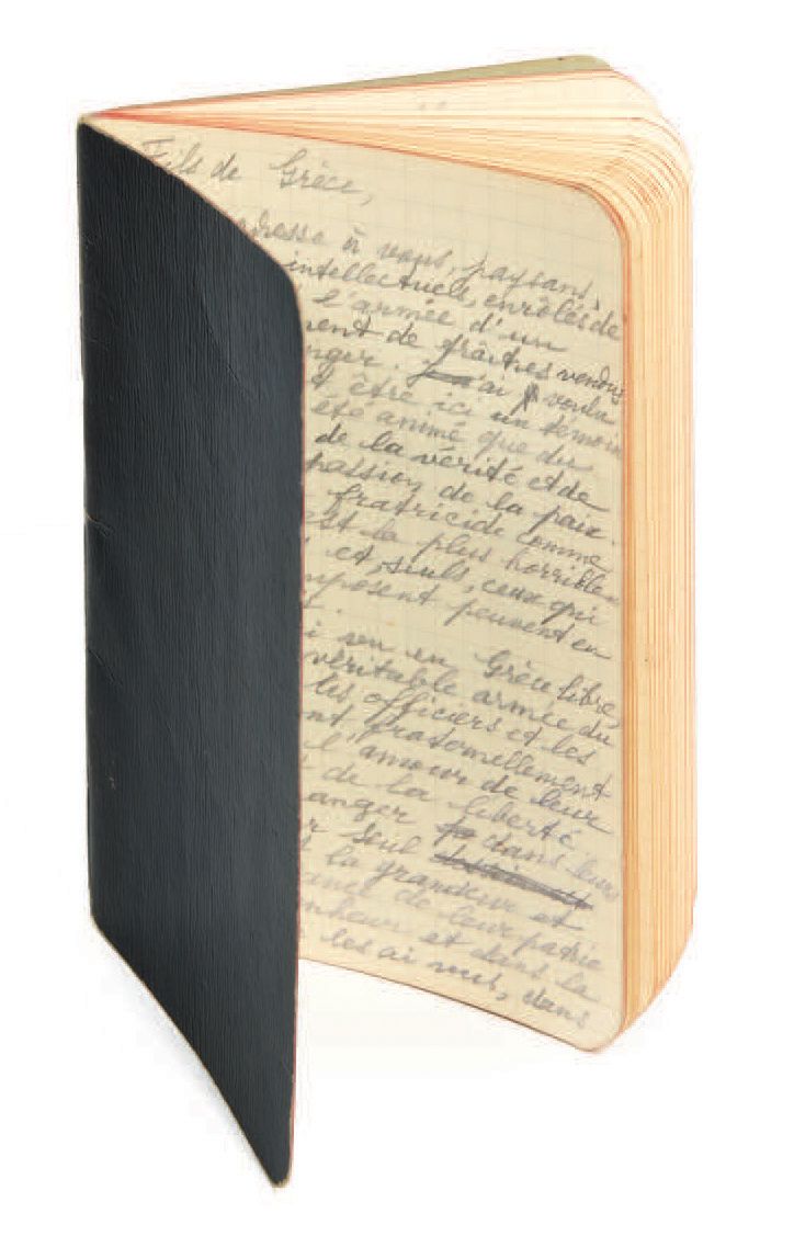 Paul Eluard. 旅行日记。5-6月[1949]。
亲笔签名的笔记本，18张中的16张用铅笔写在绘图纸上。
关于希腊内战的珍贵而可怕的目击记录，当场撰写&hellip;