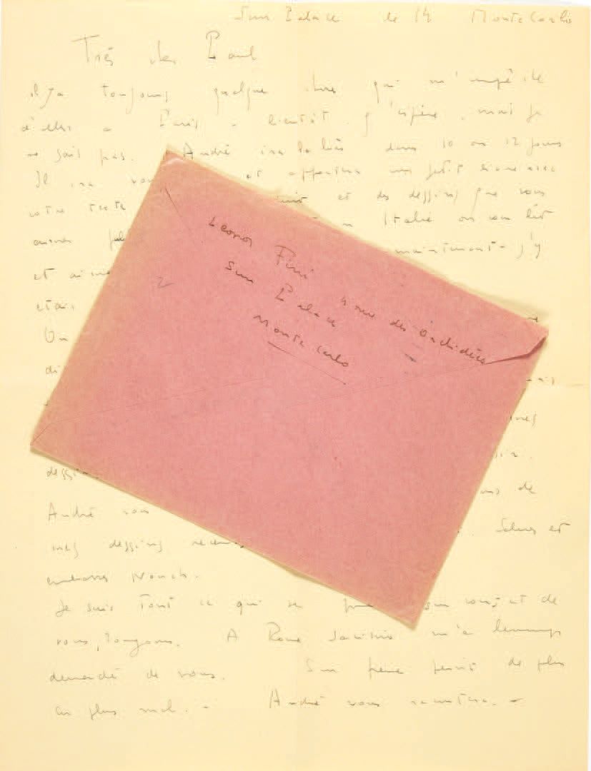 Leonor FINI. 给保罗-艾吕雅的信。蒙特卡洛太阳宫，14[1943年4月]。
签名为Leonor的亲笔信，1页半，4开，黄纸，信封保存。
围绕着共同的&hellip;