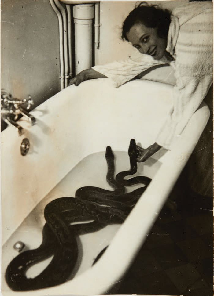 [IMAGE SURREALISTE]. 有蛇的女人[Dorita小姐？]。无地点或日期[约1930年]。
银质印刷品[23 x 16.7 cm]，背面有Soc&hellip;