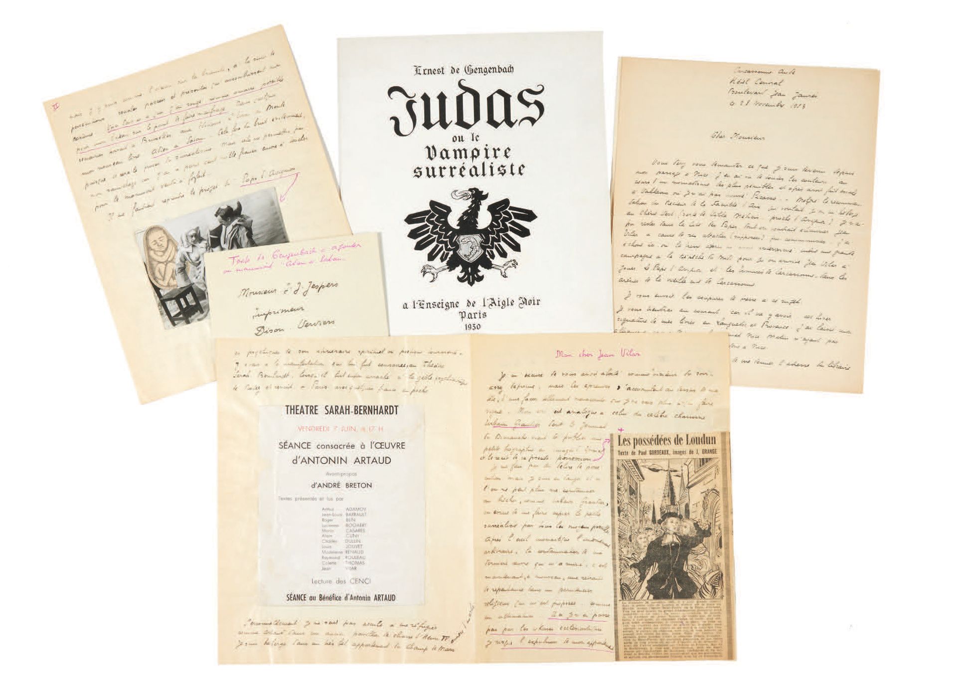 Ernest de GENGENBACH. 签署给
Jean Vilar的亲笔信，并附有拼贴画。
无日期[1952年]。
8页，4页，用黑色和紫红色墨水写在两张&hellip;