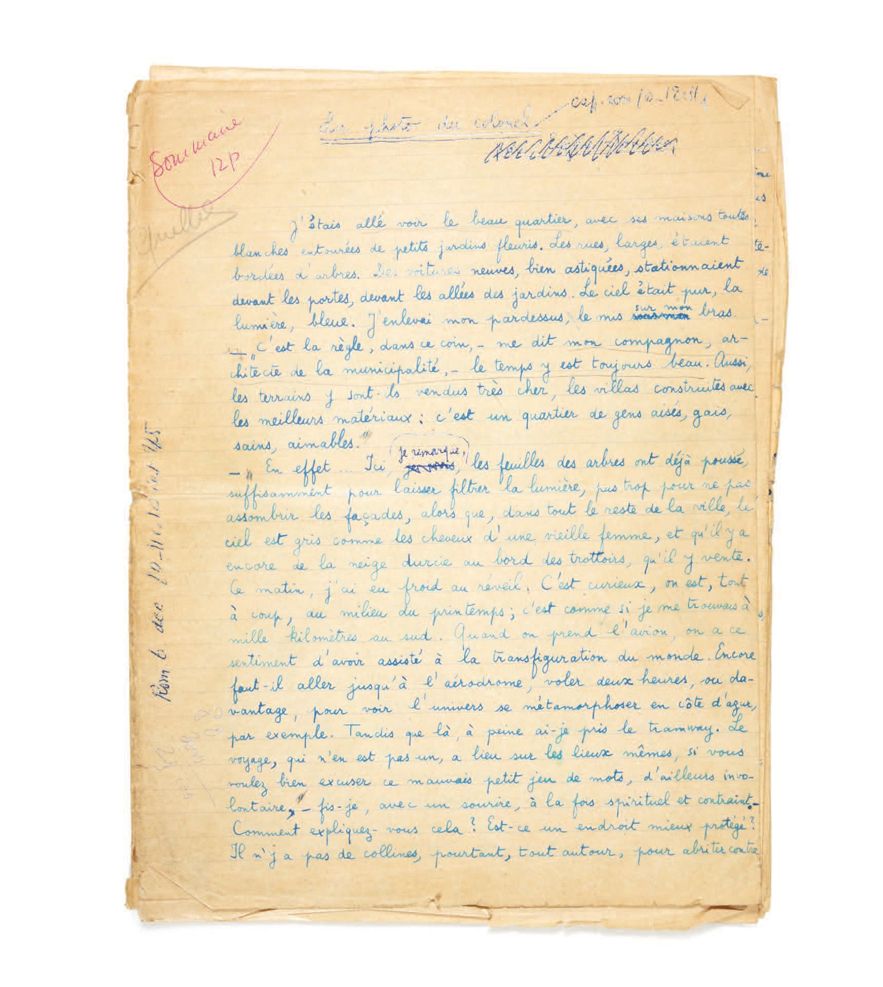 Eugène IONESCO. La Photo du Colonel.巴黎，1955年5月。
签名的亲笔手稿，4开15页半，编号为1至16，在衬纸上，有一些更&hellip;