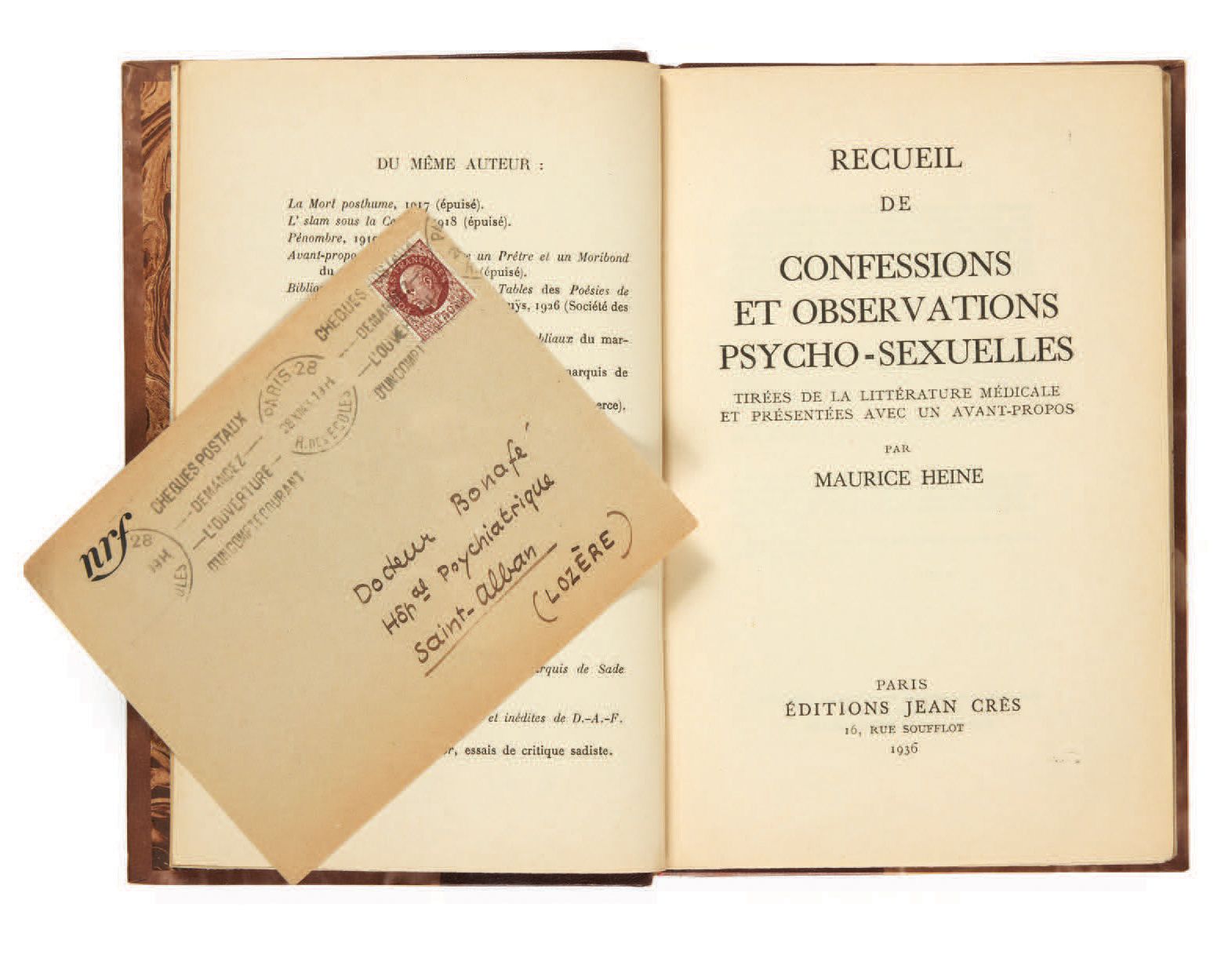 Maurice HEINE. 收集来自医学文献的忏悔和性心理观察，并附有前言。巴黎，Éditions Jean Crès，1936年。
In-8，半洋红色皮革，&hellip;