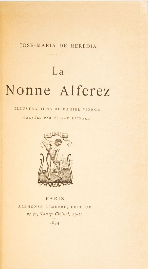 HEREDIA, José Maria de. La Nonne Alferez.巴黎，勒梅尔，1894年；16开本的蓝色半马洛尼卡，带边角，头部镀金。
第一版&hellip;