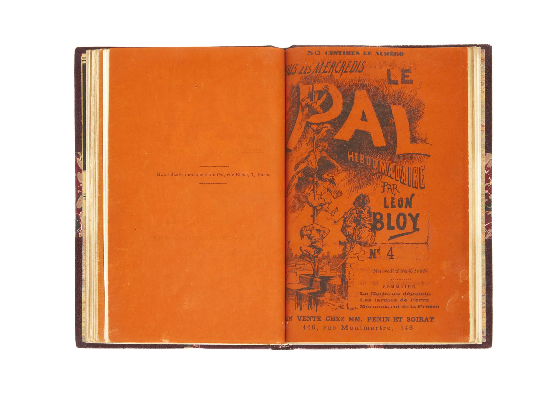 BLOY, Léon. Le Pal.每周一次。巴黎，Penin et Soirat，1885年3月4日-4月2日。4期一卷，12开本，红色半马洛尼卡，带角，书&hellip;