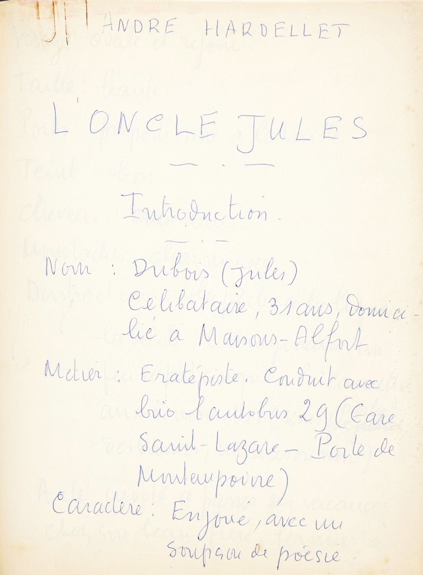 HARDELLET, André. Manuscrito autógrafo firmado, Tío Jules; 128 páginas en 4 moro&hellip;