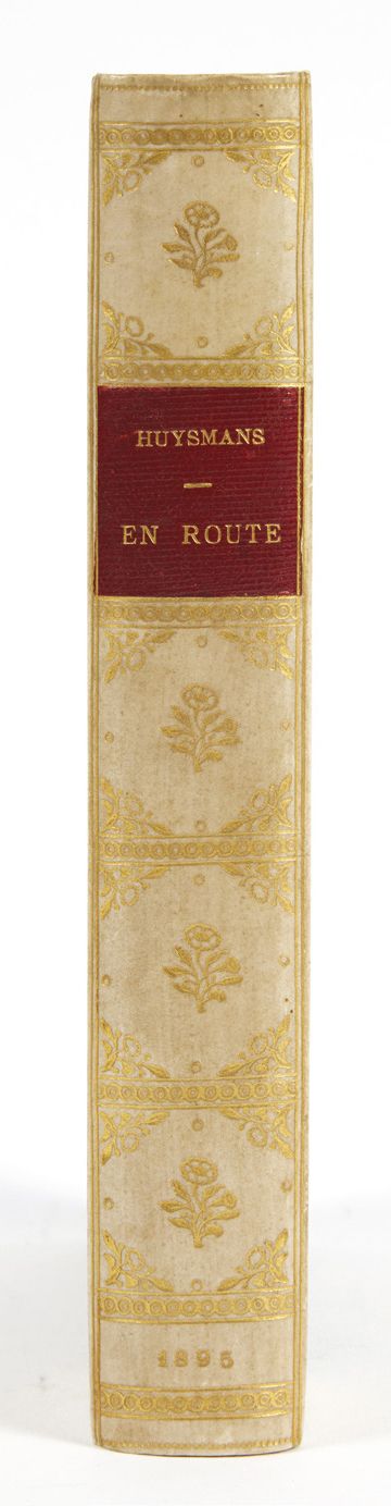 HUYSMANS, Joris-Karl. 途中。巴黎Tresse et Stock，1895年；12开本，奶油色半羊皮纸，光滑的书脊上有装饰。
第一版。
地址&hellip;