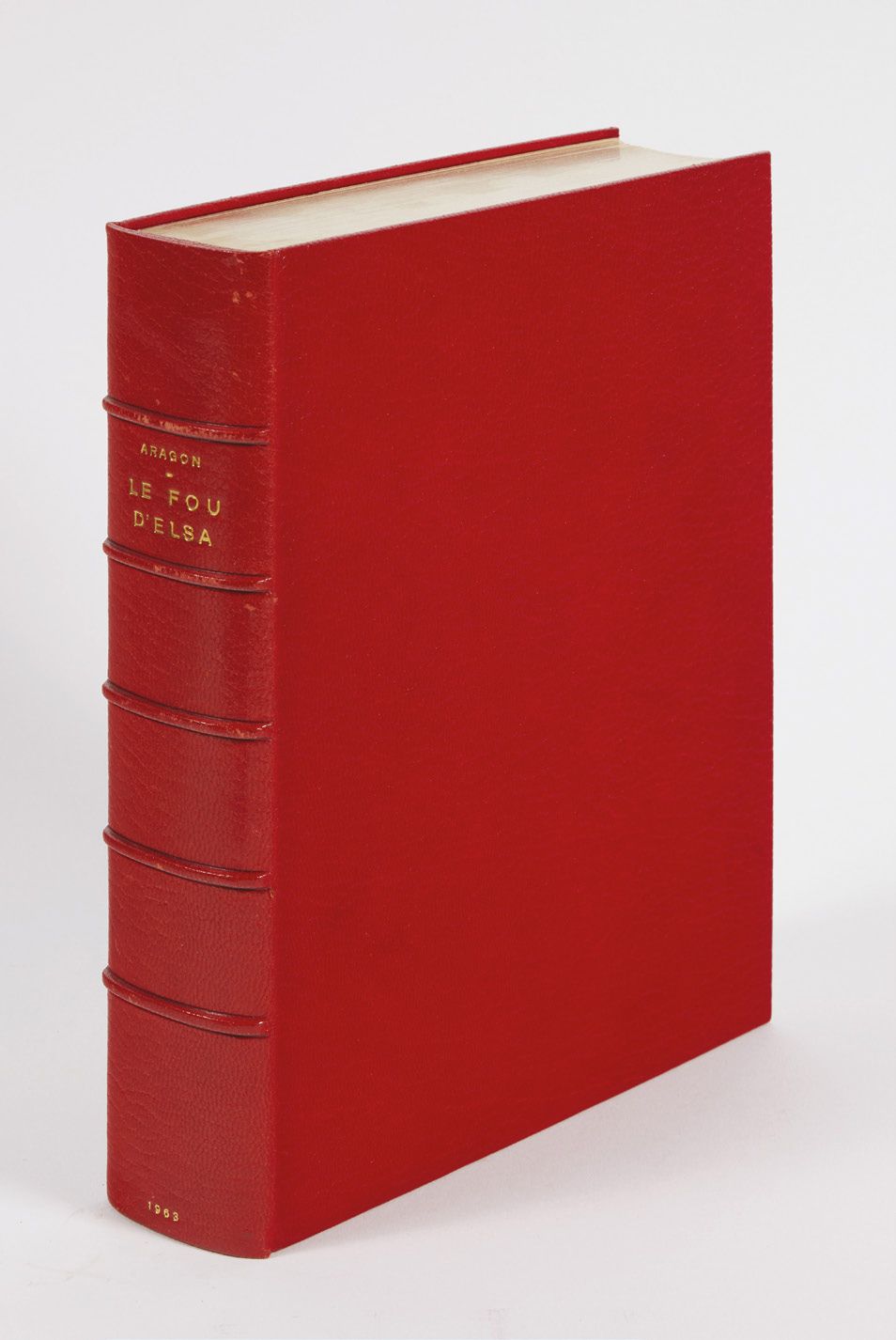 ARAGON, Louis. Le Fou d'Elsa, 诗歌。巴黎，Gallimard，1963年；小四开，红色詹森主义摩洛哥，木质封面和封底，书脊上有五个&hellip;