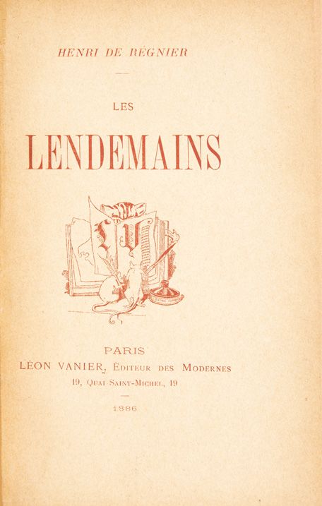 REGNIER, Henri de. Les Lendemains. Paris, Léon Vanier, 1886 ; in-8 demi-toile bl&hellip;