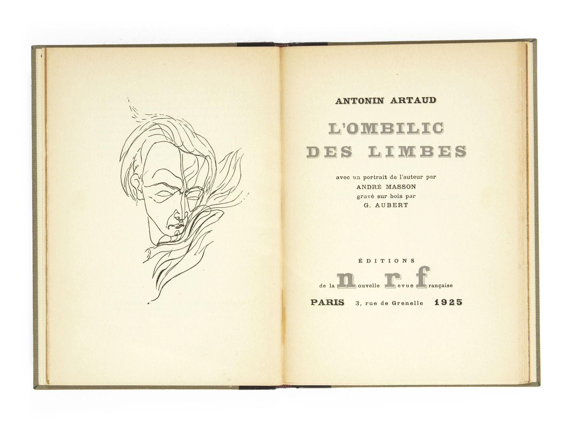 ARTAUD, Antonin. 凌波微步的脐带。附有安德烈-马松的画像。巴黎，NRF，1925年；小8开的黑色半盒bradel，通体鎏金标题，封面和书脊保留（&hellip;