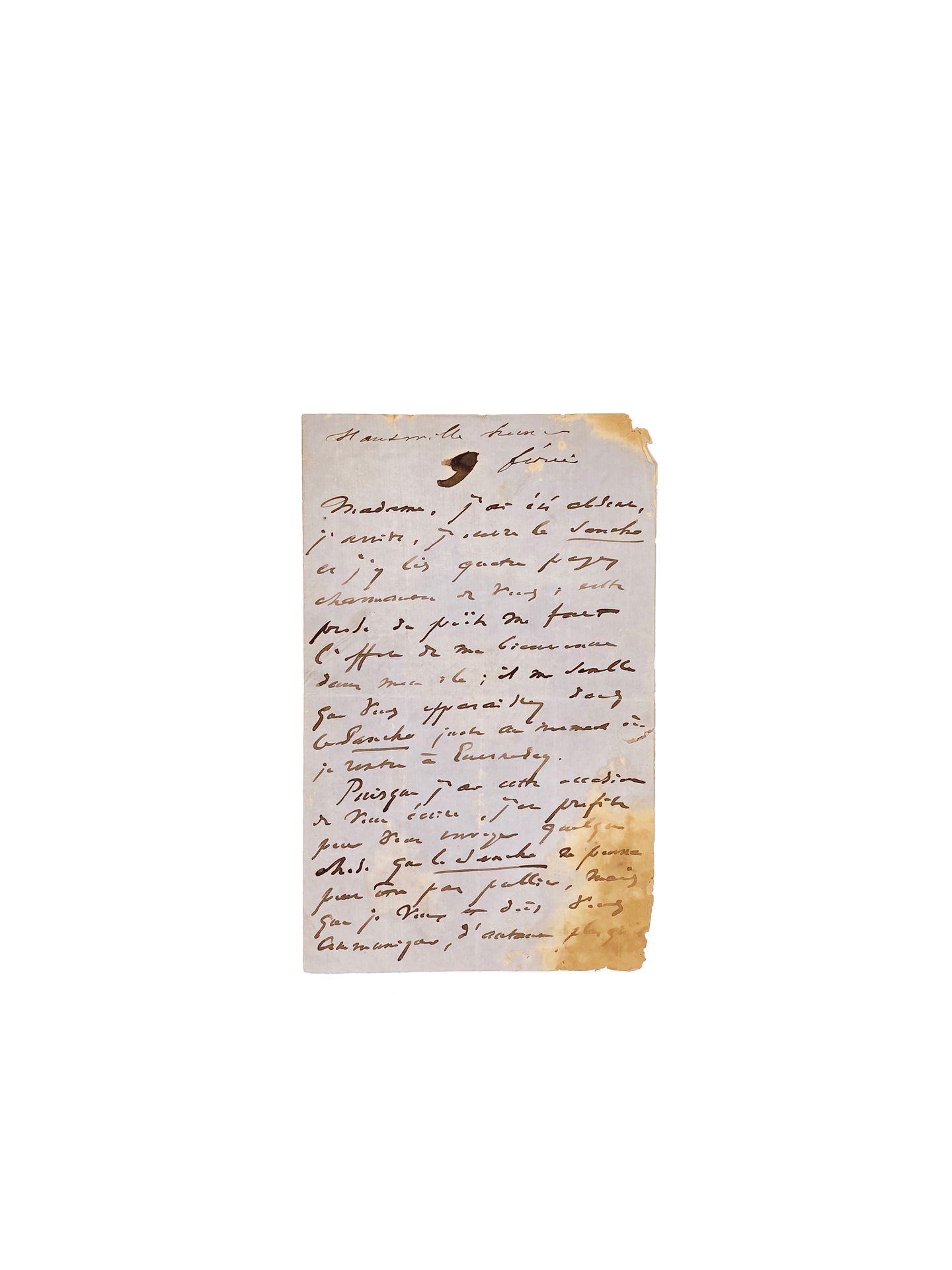 HUGO (Victor). 给玛丽-乔利的信。豪特维尔宫，[1863年]2月9日。

签名为 "维克多-雨果 "的亲笔信，2页，8开，蓝纸。



写给玛丽-&hellip;
