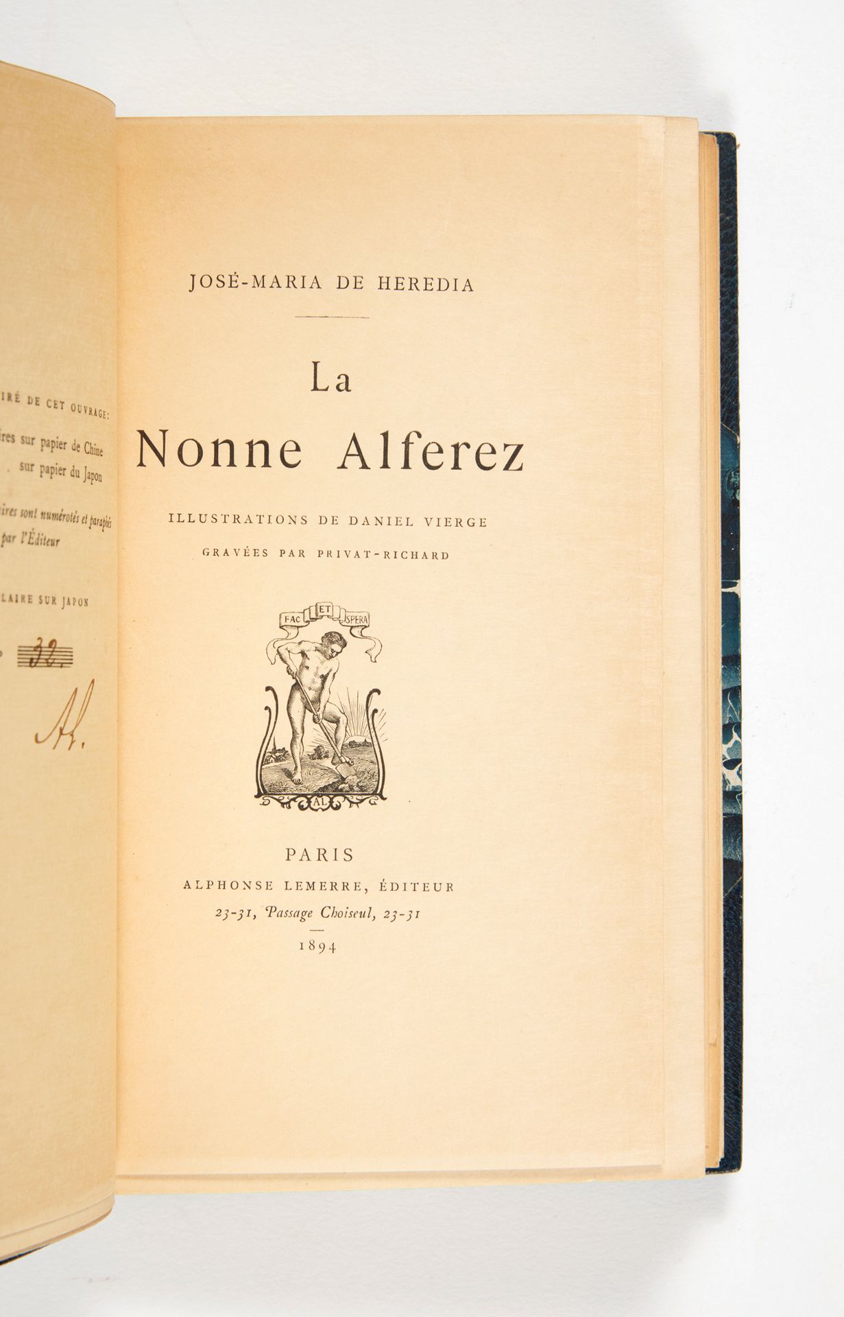 HEREDIA, José Maria de. La Nonne Alferez.巴黎，Lemerre，1894年；16开的蓝色半马洛尼卡，带边角，头部镀金。
&hellip;