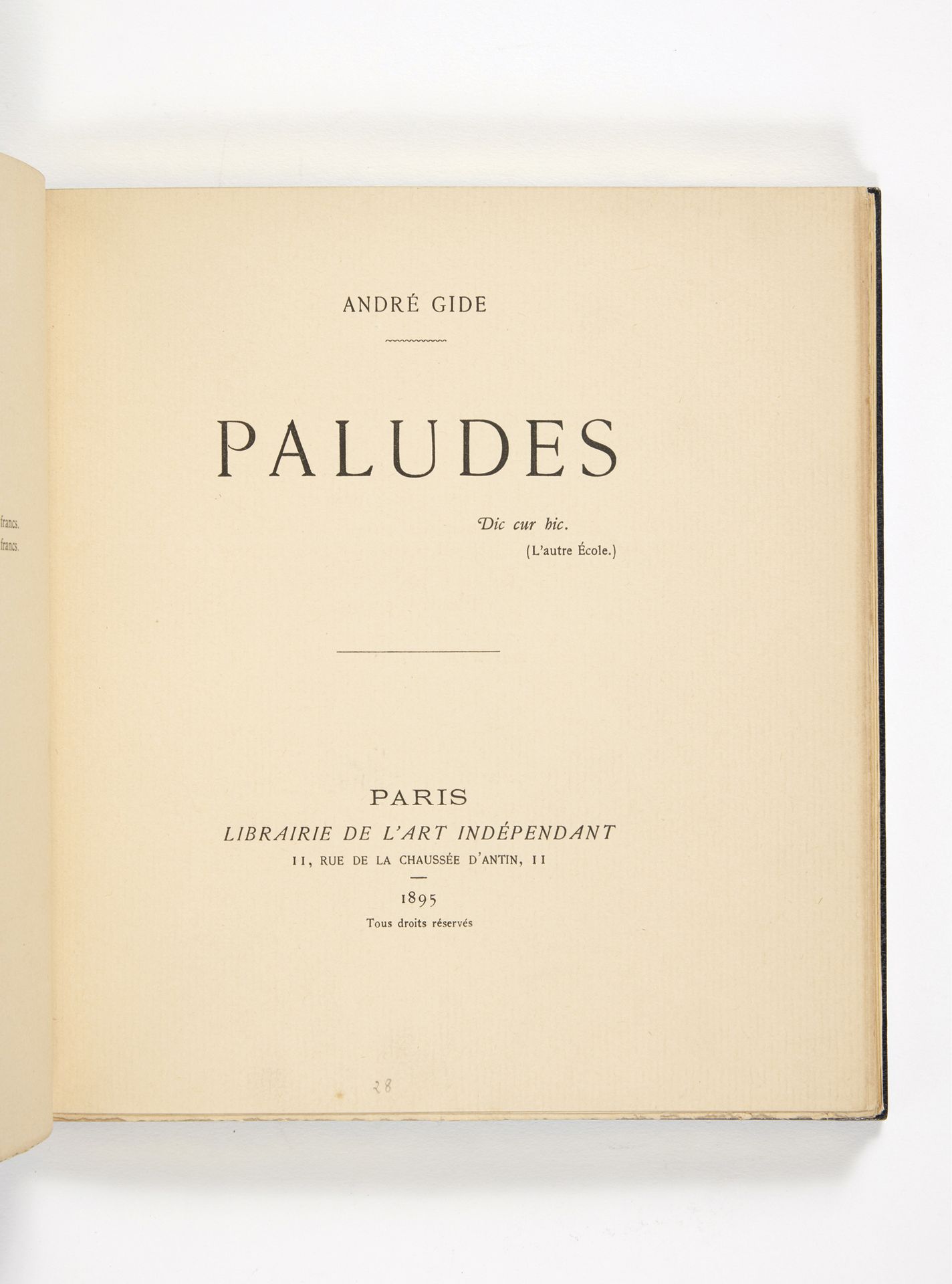 GIDE, André. Paludes (Tratado de la Contingencia). Dic cur hic. París, Librairie&hellip;
