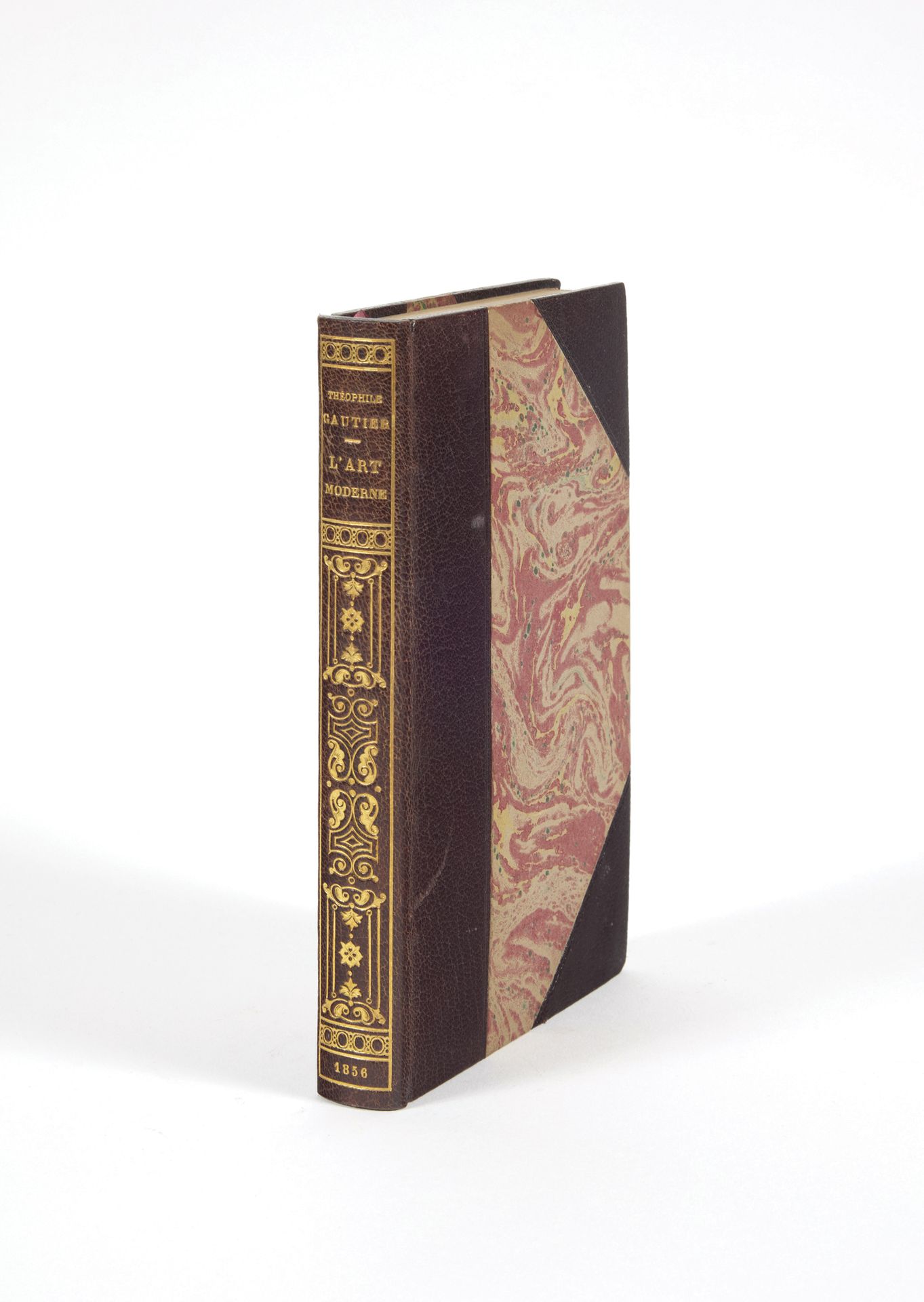 GAUTIER, Théophile. L'Art moderne.巴黎，米歇尔-莱维，1856年；8开本，半摩洛哥语，带角，光滑的书脊上有装饰。

封面保留下&hellip;