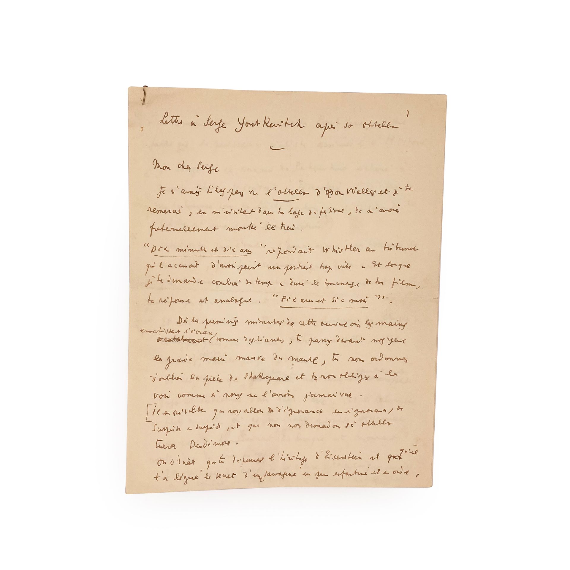 COCTEAU (Jean). Letter to Serge Yutkevich after his Othello. Without place or da&hellip;