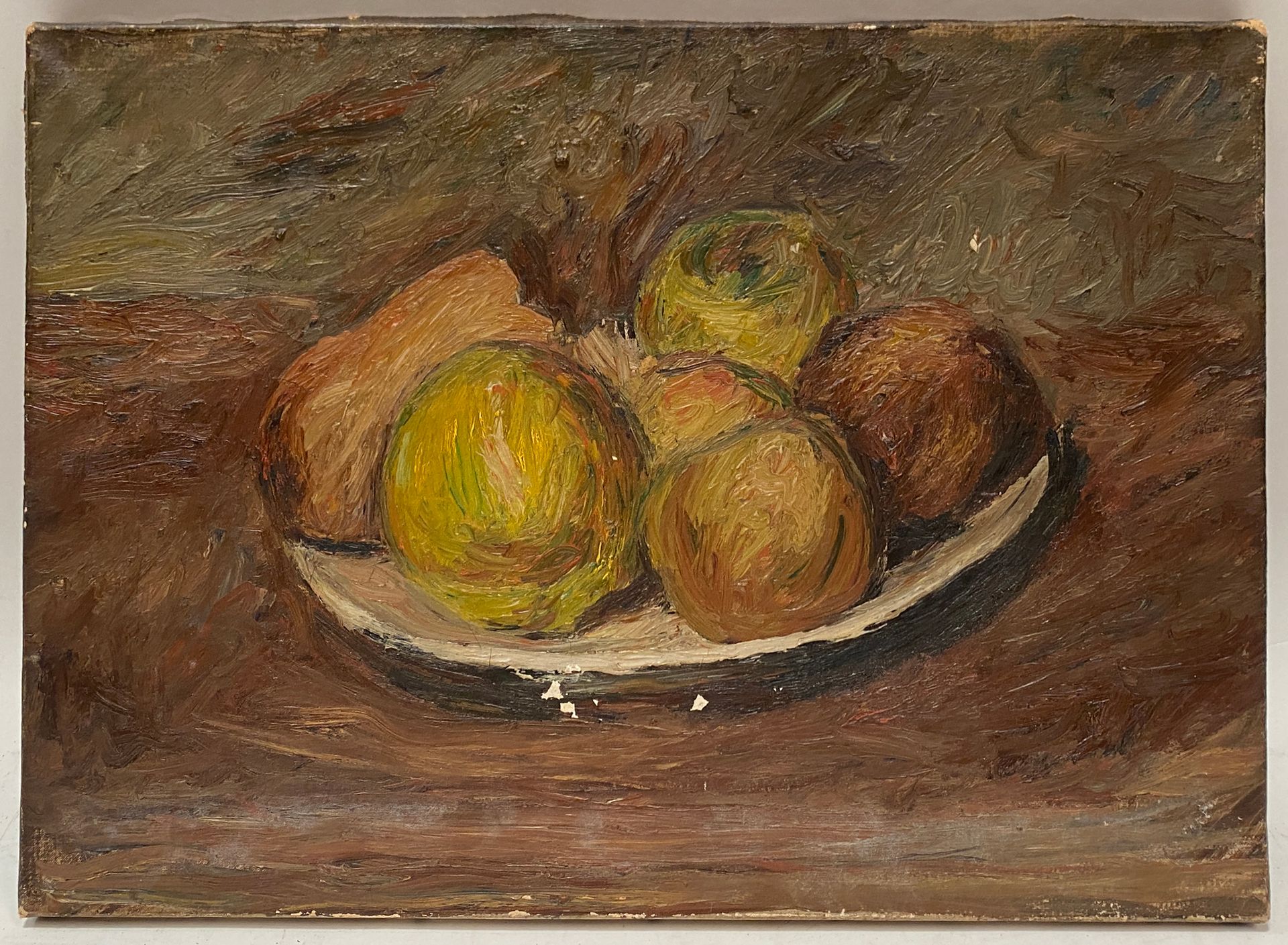 Null Emile Sabouraud (1900-1996) Composition aux pommes Huile sur toile (Acciden&hellip;