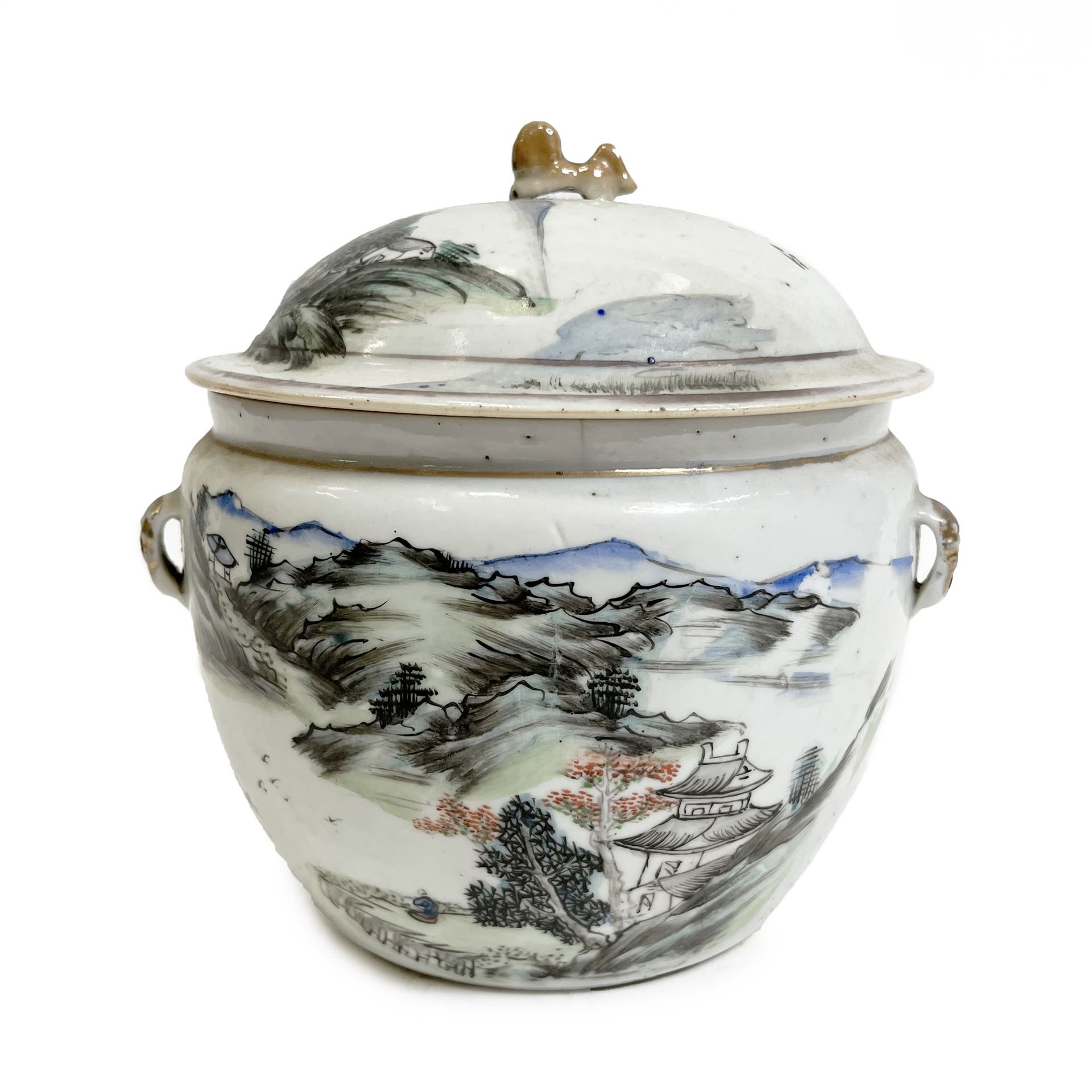 Null Porcelain ginger pot with landscape and calligraphy decoration. Japan (crac&hellip;