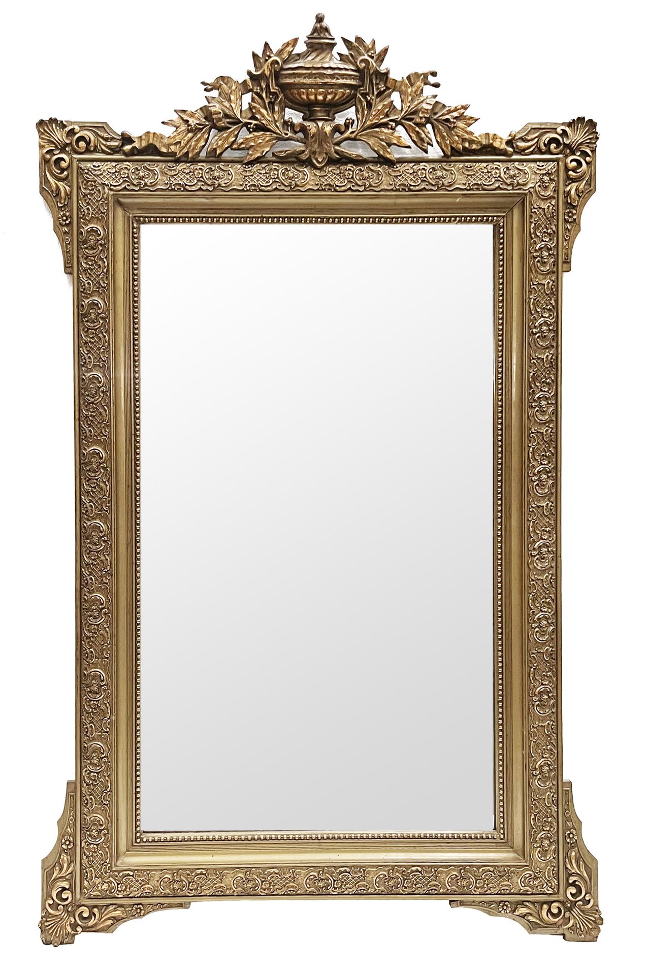 Null Spiegel mit geschnitzter Blumenvase aus vergoldetem Holz XIX H_130 cm B_82 &hellip;