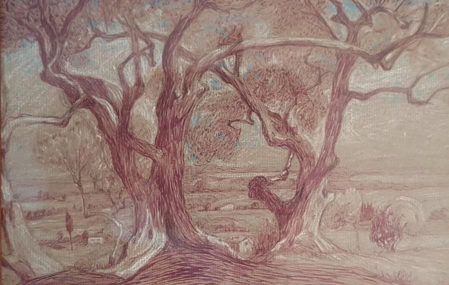 École FRANÇAISE du XXe siècle 
Bosquet d'arbres sur un coteau Crayon de couleurs&hellip;