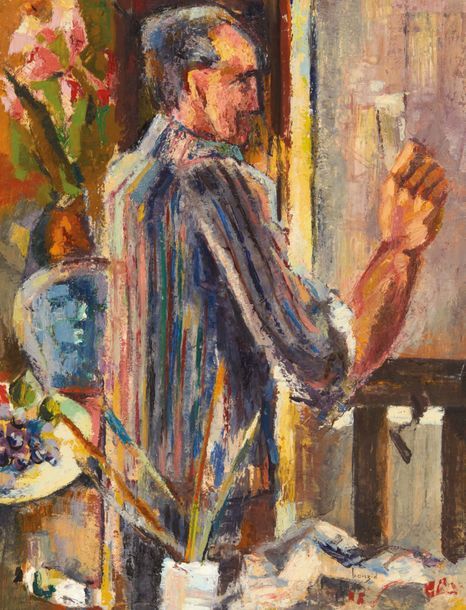 MOHAMED BOUZID (1924-2014) Autoportrait dans l'atelier
Huile sur panneau.
Signée&hellip;