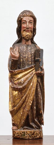 Null Christ bénissant en bois sculpté en ronde-bosse, polychromé et doré, dos pl&hellip;