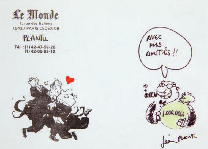 PLANTU (1951) Petit dessin autographe sur carte de visite
Feutre noir et de coul&hellip;