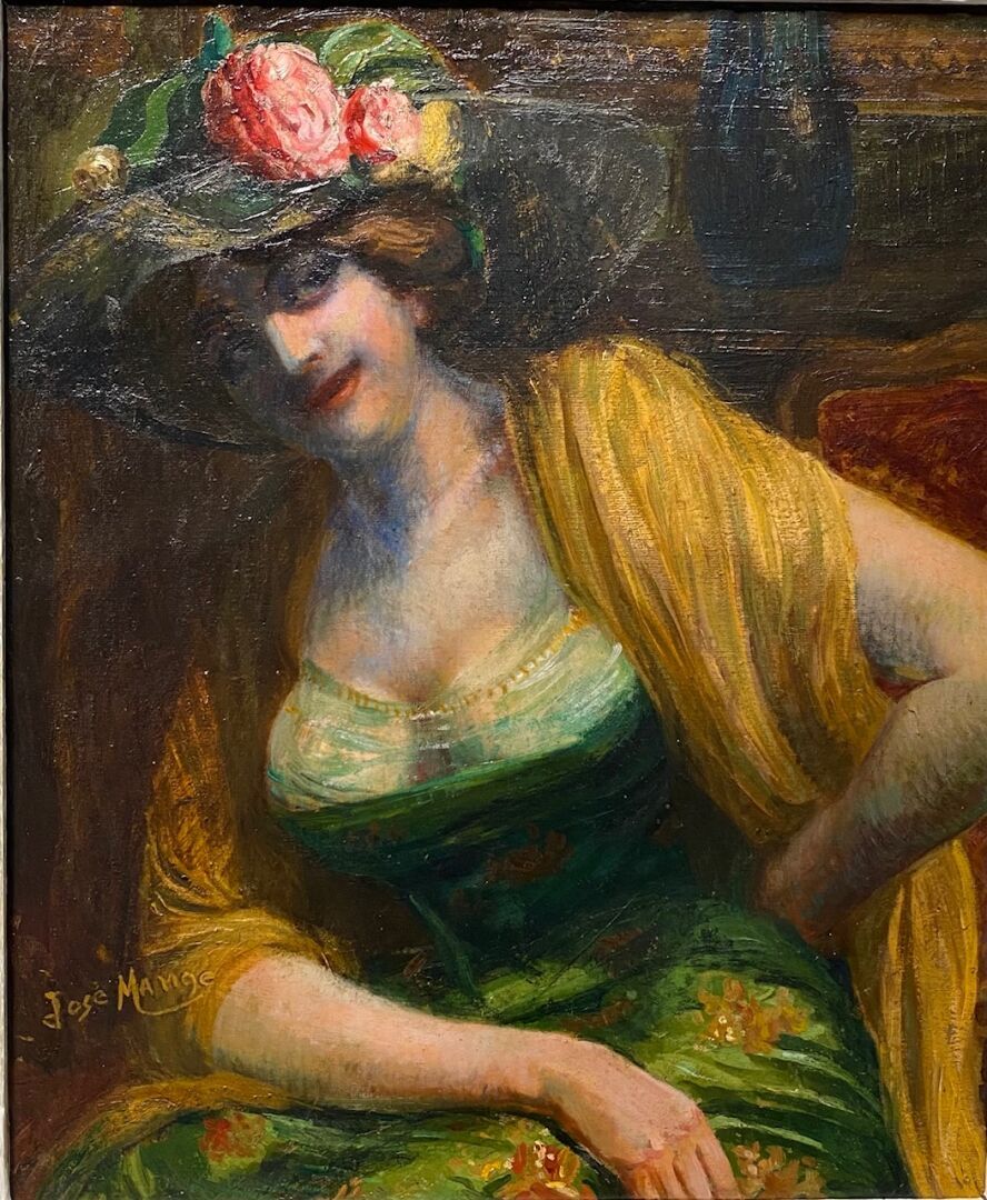 Null José MANGE (1866-1935)
Donna con cappello a fiori.
Olio su cartone.
Firmato&hellip;