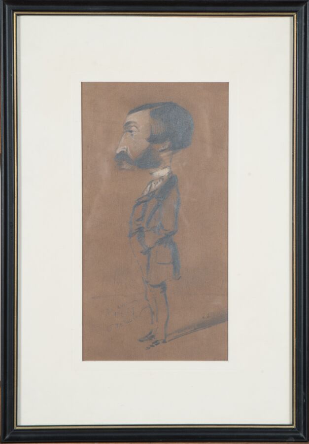 Null 斯特林（19世纪的法国学派）。

一个男人的漫画，1837年。

棕色纸上的石墨和粉笔。

左下方有签名和日期。

视线：20,5 x 10,5厘米。
