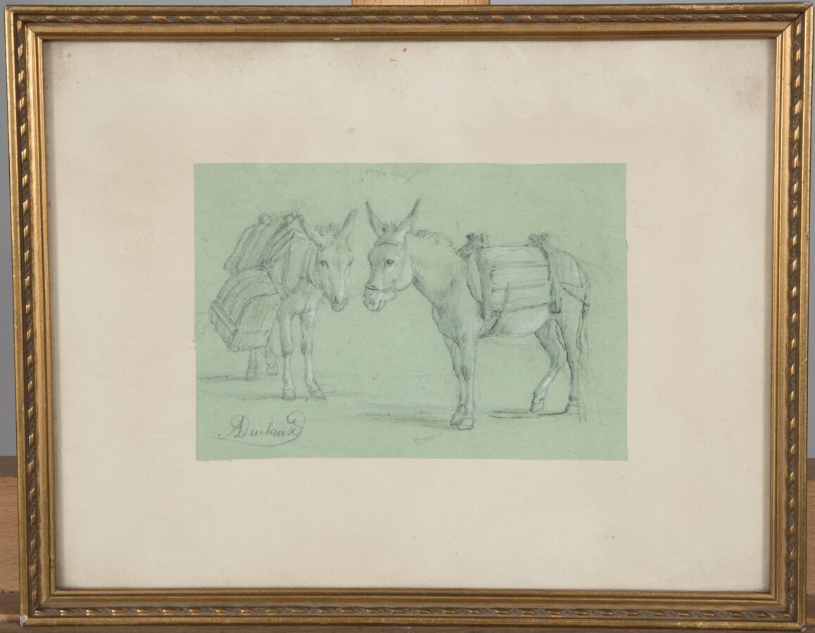 Null 让-安托万-杜拉克（1783-1868）。

骡子。

铅垂线和白色粉笔在绿纸上完整粘贴的亮点。

左下方有签名。

9 x 13厘米。

出处：画家&hellip;