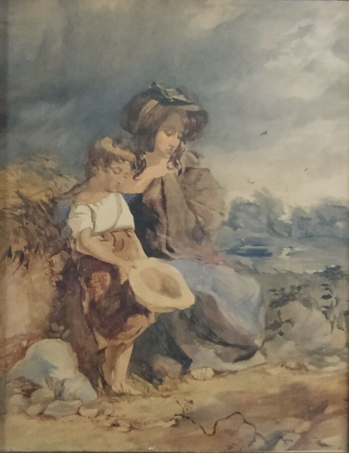 Null Ecole française du XIXème siècle.

Femme et enfant.

Aquarelle sur papier.
&hellip;