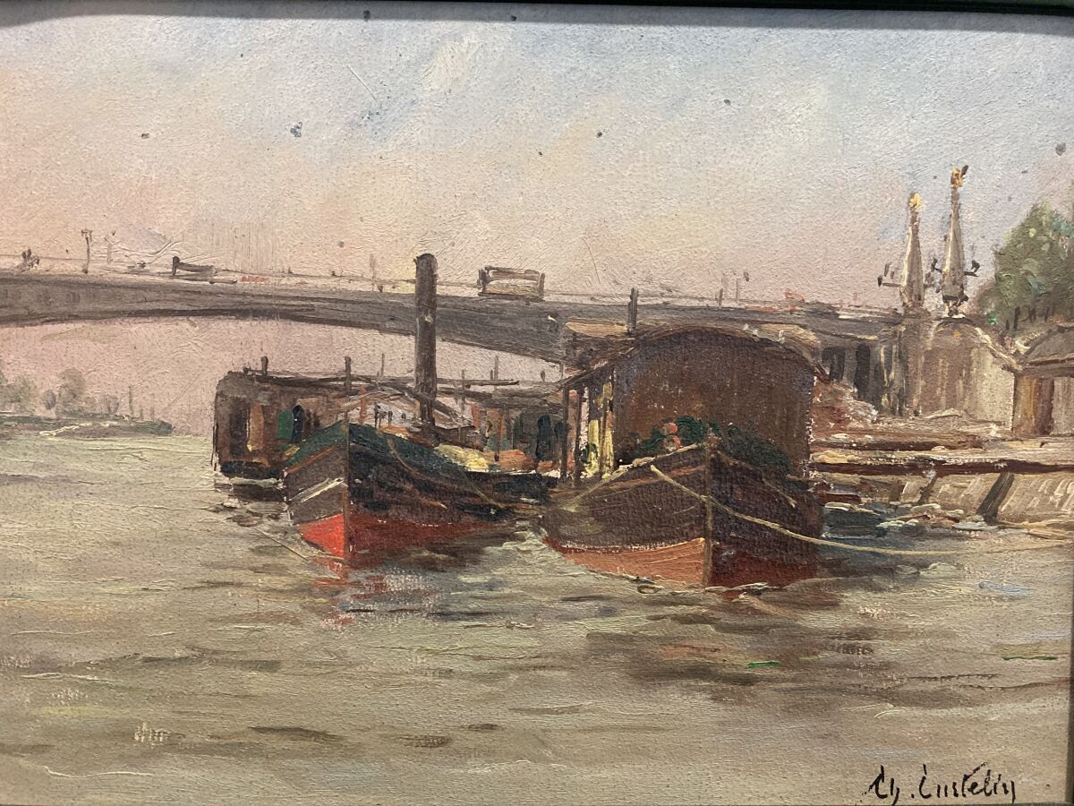 Null 查尔斯-库特林（1859-1912）。

南方港口的罗纳河上的船只。

纸板上的油彩。

右下方有签名。

背面有标题。

21 x 30厘米。