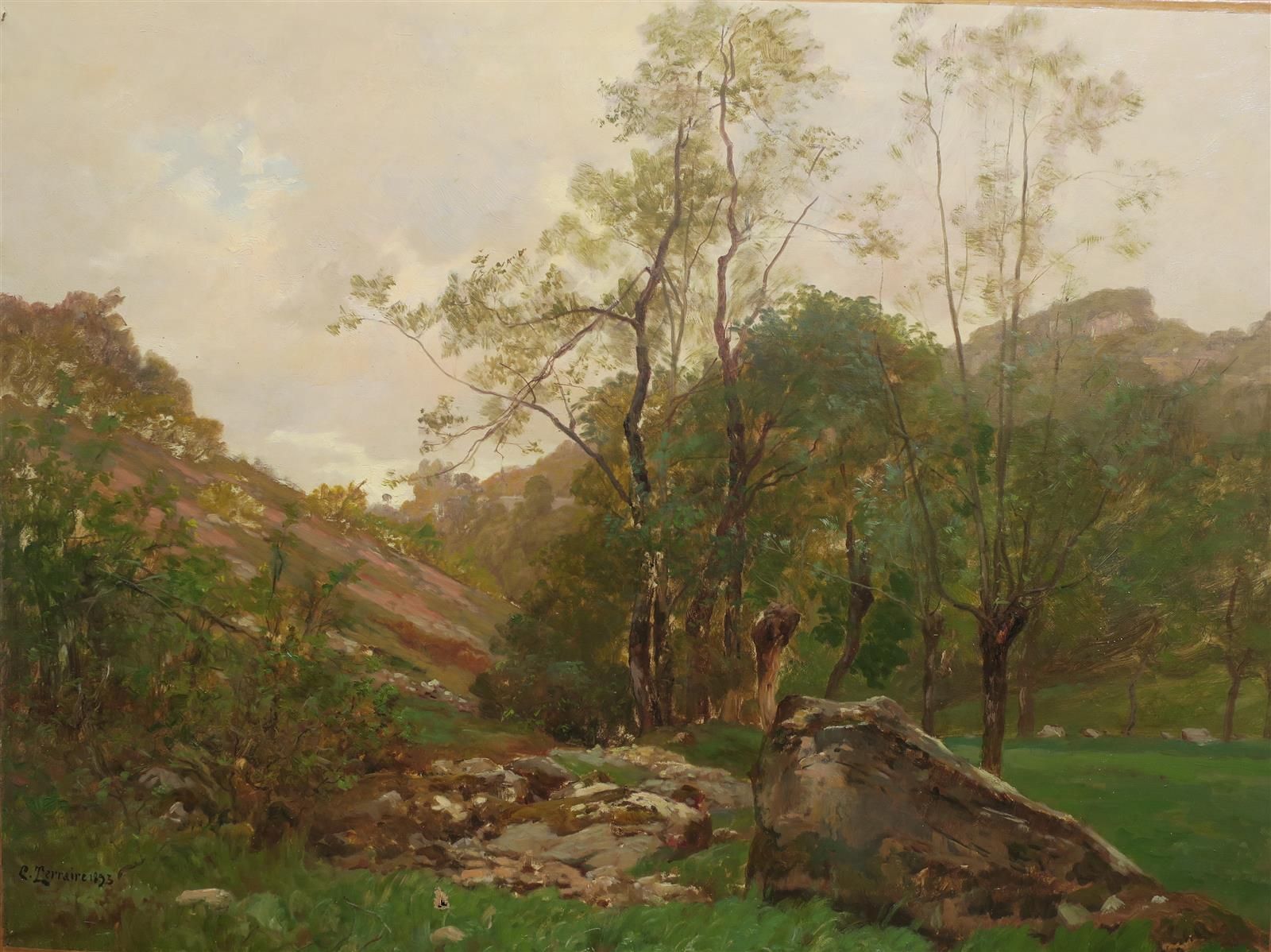Null 克洛维斯-泰瑞尔(1858-1931)

"有岩石的风景 "1893年

布面油画

左下方有签名和日期

60 x 81厘米

旧的修复和事故，图画&hellip;