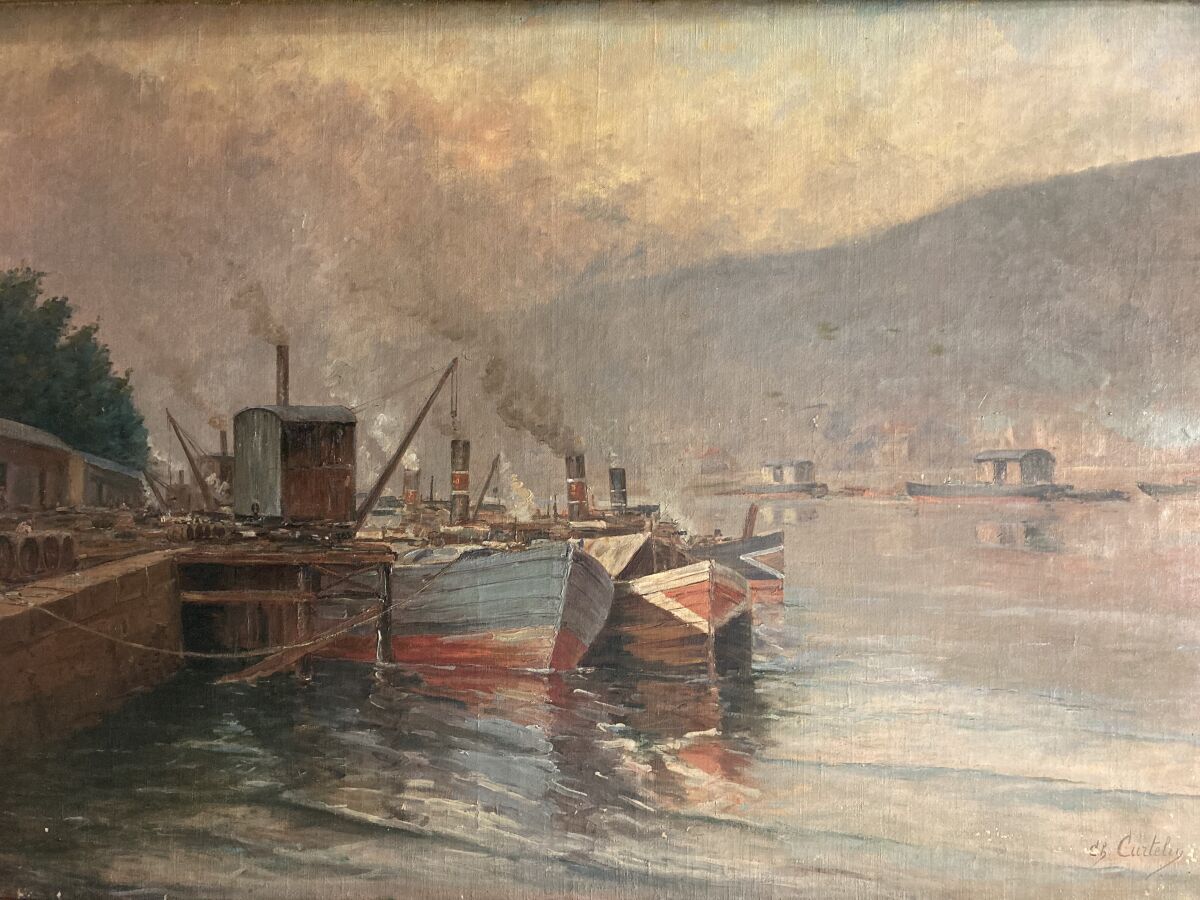 Null 查尔斯-库特林（1859-1912）。

兰鲍德港码头上的船只。

布面油画。

右下方有签名。

81 x 130厘米。

破损和丢失的画报材料。