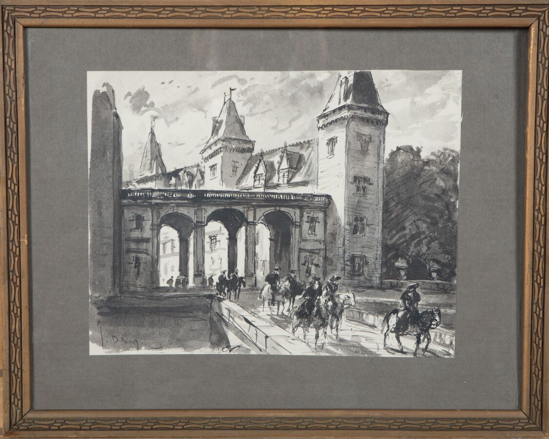 Null 约安内-德雷韦（1854-1940）。

离开城堡的骑手。

水墨画，纸上。

左下方有签名。

19,5 x 25厘米。