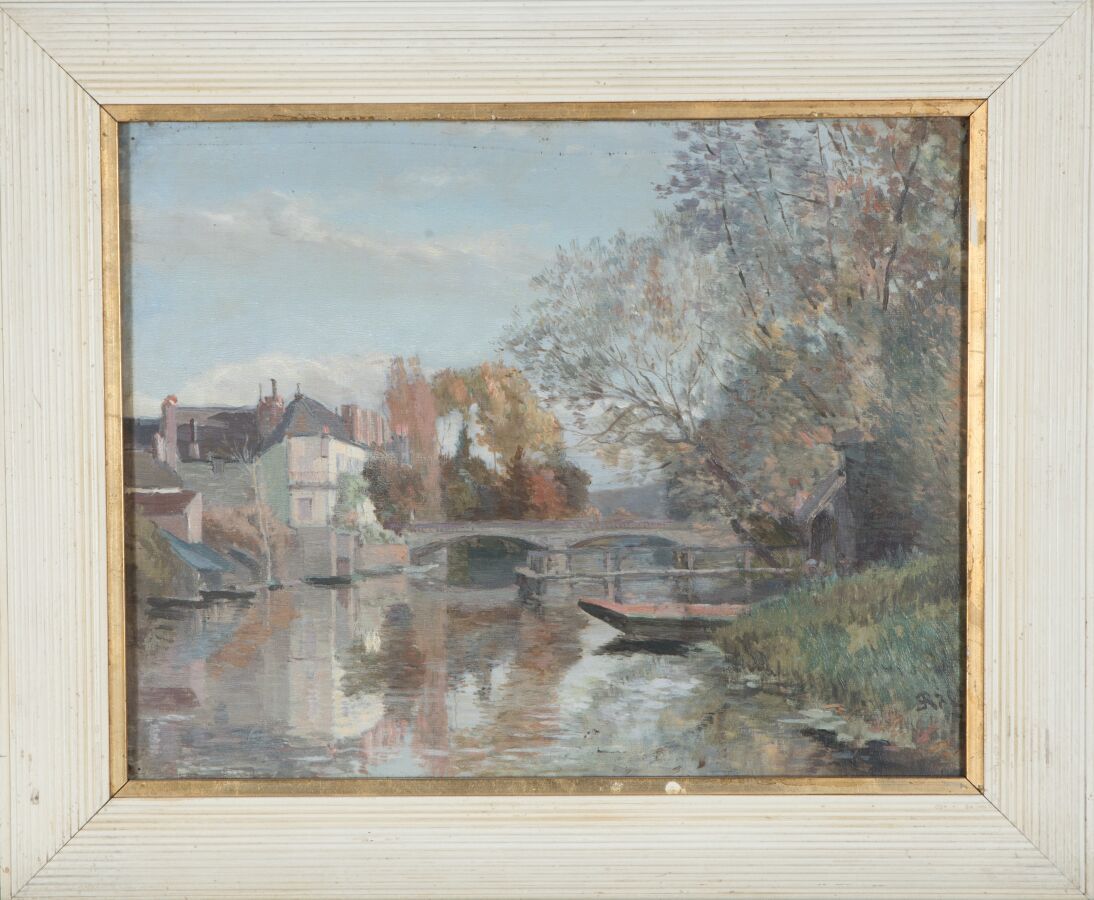 Null Édouard Auguste RAGU (XIXème siècle).

Paysage au pont.

Huile sur panneau.&hellip;