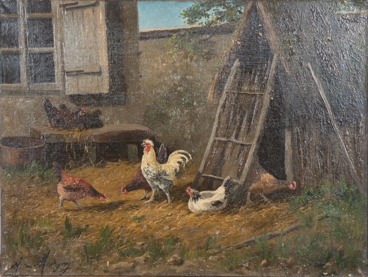 Null A. De Montigny (19. Jahrhundert).

Die Hühner.

Öl auf Leinwand.

Signiert &hellip;