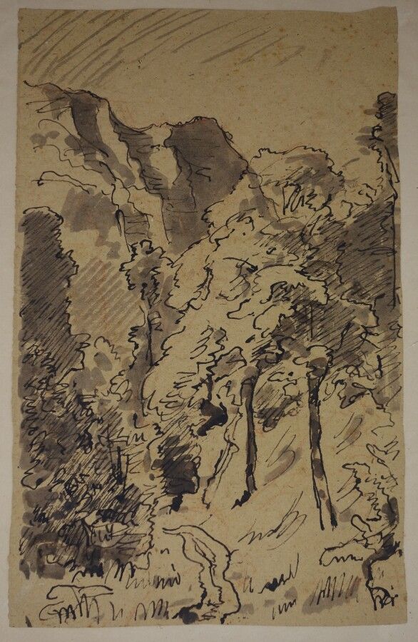 Null 归功于弗朗索瓦-韦尔内（1821-1896）。

景观（研究）。

印度墨水和红色粉笔在纸上。

42 X 27厘米。