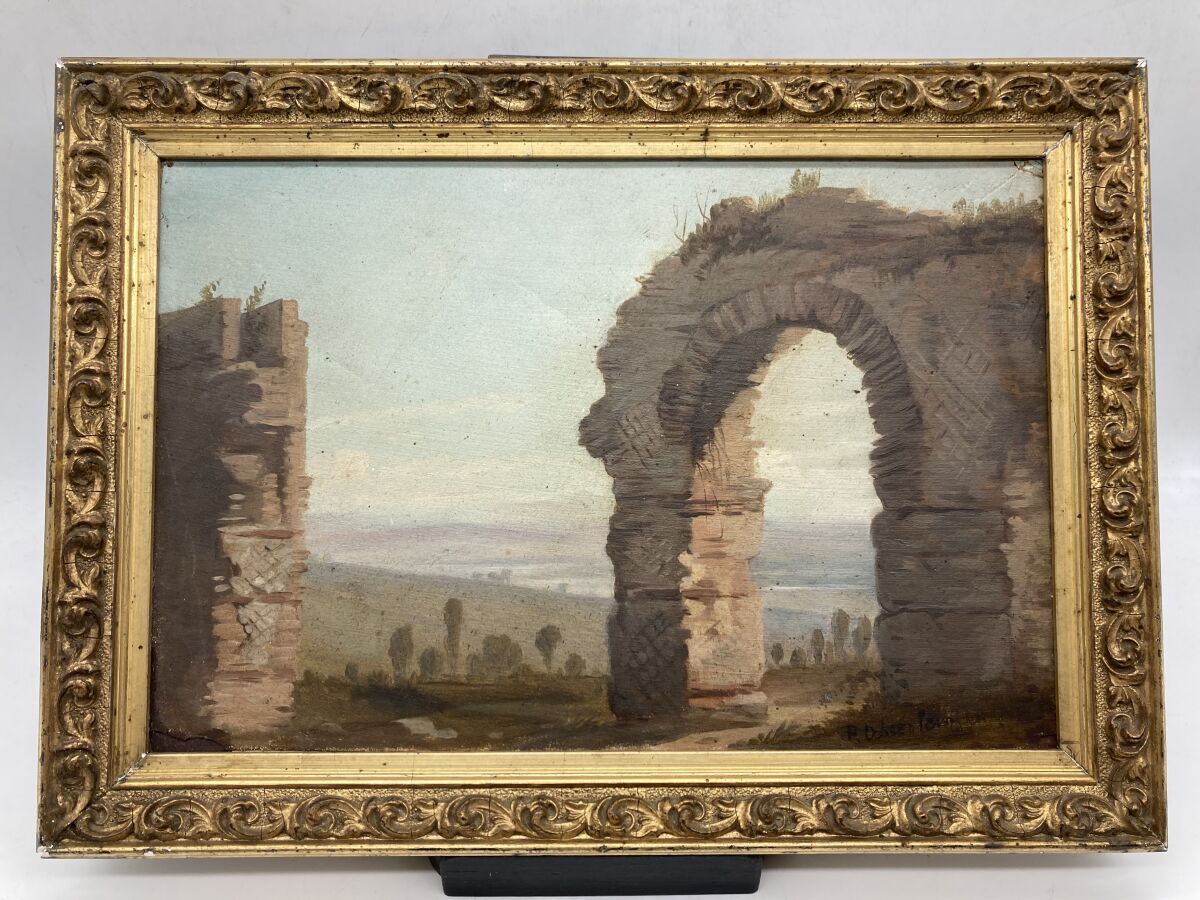 Null School of the 19th century.

Ancient ruins.

Oil on paper pasted on canvas.&hellip;