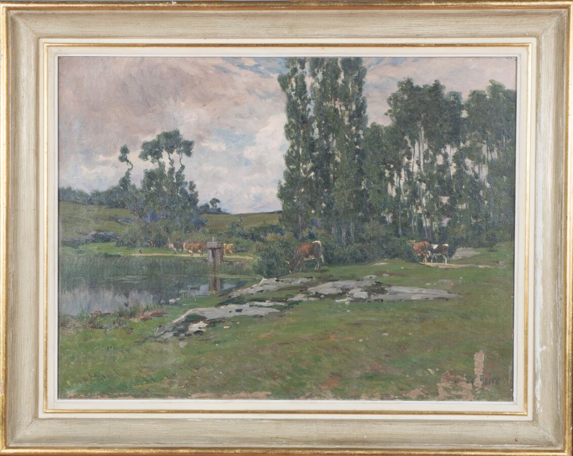Null 克洛维斯-泰瑞尔（1858-1931）。

草地上的奶牛，靠近一个锁。

布面油画。

右下方有签名。

50 x 65厘米。

损坏和丢失的部件。