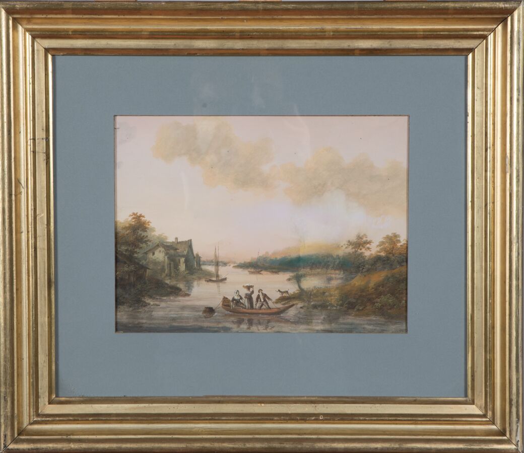 Null 十九世纪的法国学校。

渡河。

水粉画在纸上。

视线：20 x 27.5厘米。

褪色。
